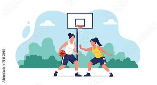 Flat style illustration of two women playing basketball outdoors, showing energy, focus, and teamwork during an intense game on a sunny day at the sports court
