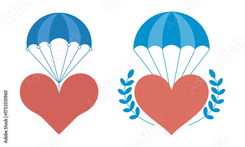 Heart delivery service concept with parachute and decorative leafy element, vector illustration