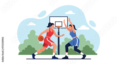 Flat style illustration of two women playing basketball outdoors, showing energy, focus, and teamwork during an intense game on a sunny day at the sports court