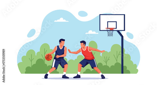 Flat style illustration of two men playing basketball outdoors, showing teamwork, competition, and fitness on a sunny day in a park or sports court setting