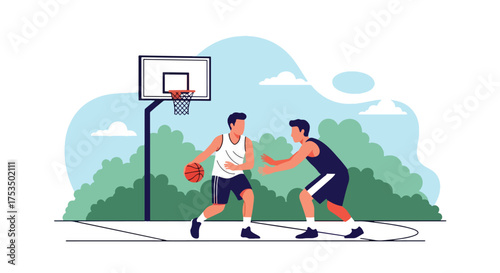 Flat style illustration of two men playing basketball outdoors, showing teamwork, competition, and fitness on a sunny day in a park or sports court setting