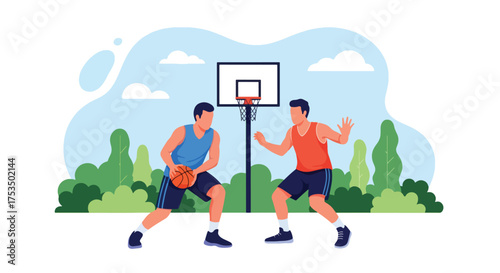 Flat style illustration of two men playing basketball outdoors, showing teamwork, competition, and fitness on a sunny day in a park or sports court setting