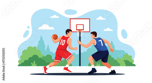 Flat style illustration of two men playing basketball outdoors, showing teamwork, competition, and fitness on a sunny day in a park or sports court setting