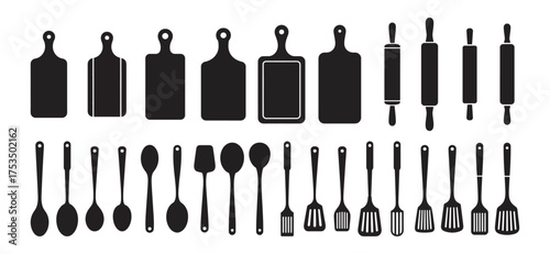 Kitchen Utensils Collection Black Silhouettes on White Background Vector Design, icons, vector illustration