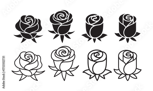 Set of elegant rose icons in black and white minimalist style, vector illustration