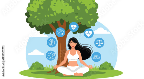 Flat style illustration of a woman meditating under a tree, symbolizing mindfulness, balance, and inner peace for mental and physical wellness, relaxation, and stress relief