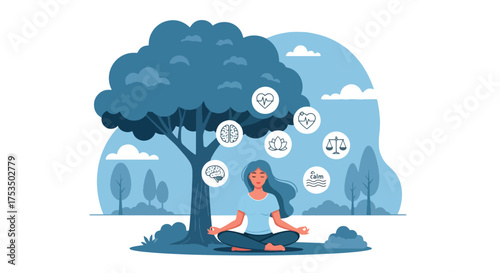 Flat style illustration of a woman meditating under a tree, symbolizing mindfulness, balance, and inner peace for mental and physical wellness, relaxation, and stress relief