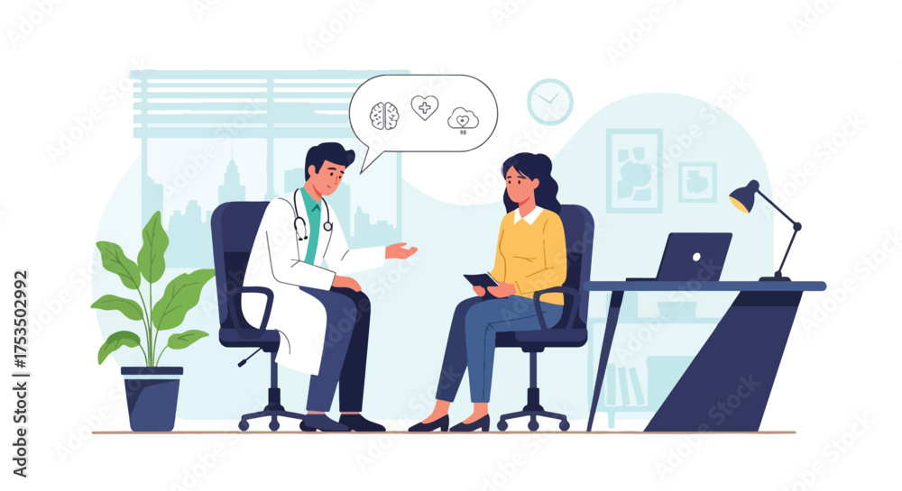 Fototapeta premium Flat style illustration of a doctor talking to a patient in a clinic, discussing mental health, wellness, and medical care, symbolizing empathy, support, and professional healthcare