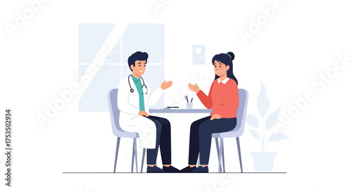 Flat style illustration of a doctor talking to a patient in a clinic, discussing mental health, wellness, and medical care, symbolizing empathy, support, and professional healthcare