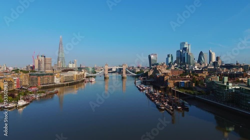 London Skyline Aerial Cityscape Flythrough Over River Thames Towards Tower Bridge