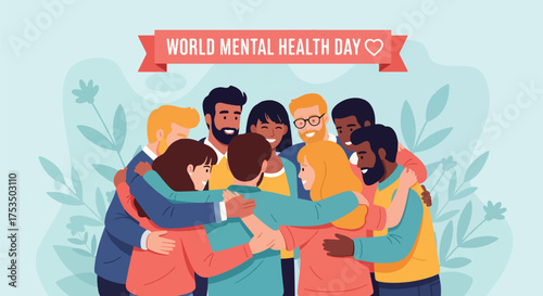 Flat illustration of diverse people embracing for World Mental Health Day, promoting unity, compassion, support, for global mental health awareness