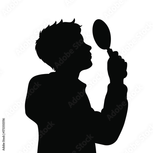 Silhouette of a man holding a magnifying glass and looking carefully, symbolizing search, investigation, detective work, or research concept.