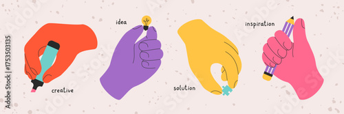 Cartoon colorful set of hands holds light bulb, puzzle, marker, pen. Concept of creative idea, brainstorm, innovative solutions, inspiration. Trendy design for infographic, poster, banner