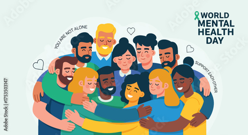 Flat illustration of diverse people embracing for World Mental Health Day, promoting unity, compassion, support, for global mental health awareness
