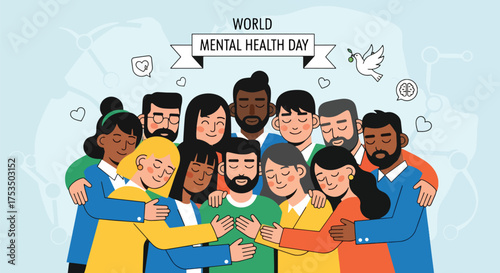 Flat illustration of diverse people embracing for World Mental Health Day, promoting unity, compassion, support, for global mental health awareness