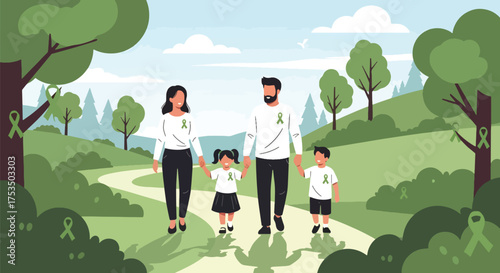 Flat style illustration of a family walking in nature wearing green awareness ribbons, symbolizing mental health support, unity, hope, and the importance of well-being and community