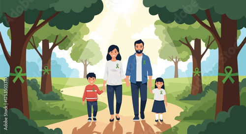Flat style illustration of a family walking in nature wearing green awareness ribbons, symbolizing mental health support, unity, hope, and the importance of well-being and community