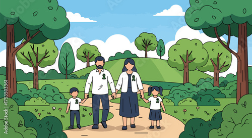 Flat style illustration of a family walking in nature wearing green awareness ribbons, symbolizing mental health support, unity, hope, and the importance of well-being and community