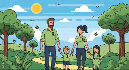Flat style illustration of a family walking in nature wearing green awareness ribbons, symbolizing mental health support, unity, hope, and the importance of well-being and community
