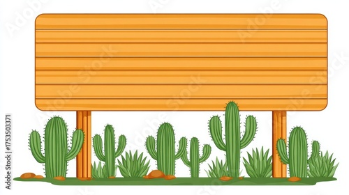 Wooden desert signboard cradled by whimsical cacti in sunlit embrace, evoking Dia de Muertos or Desert Festival vibes