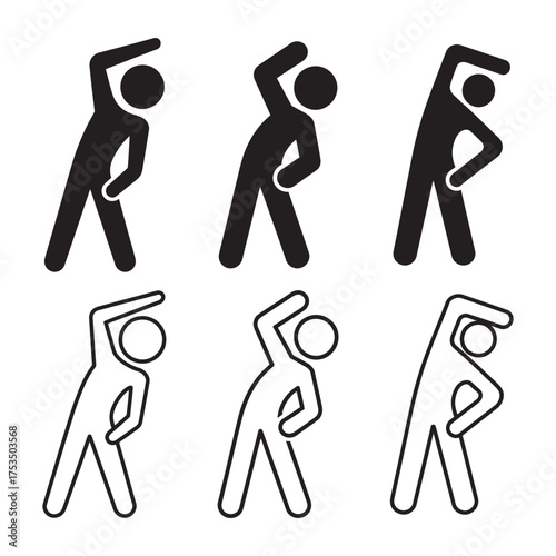 Stretching exercises for health and wellness simple stick figure icons, vector illustration
