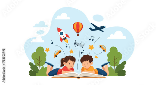 Flat style illustration of two happy children reading a magical book with rockets, stars, and hot air balloons, symbolizing imagination, creativity, and the joy of learning through stories