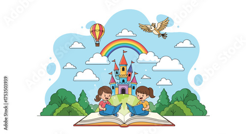 Flat style illustration of two children imagining a magical castle, rainbow, and hot air balloon emerging from an open book, symbolizing creativity, storytelling, and the power of imagination