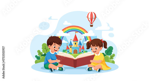 Flat style illustration of two children imagining a magical castle, rainbow, and hot air balloon emerging from an open book, symbolizing creativity, storytelling, and the power of imagination