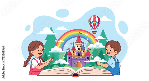 Flat style illustration of two children imagining a magical castle, rainbow, and hot air balloon emerging from an open book, symbolizing creativity, storytelling, and the power of imagination