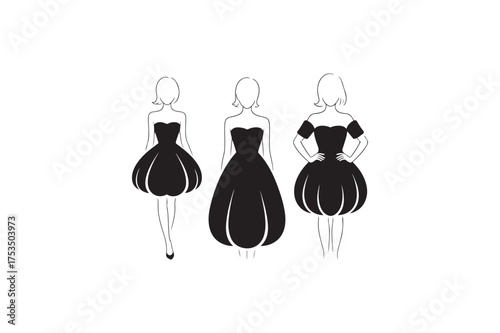 Strapless Bubble best Dress set vector silhouettes black image. .eps