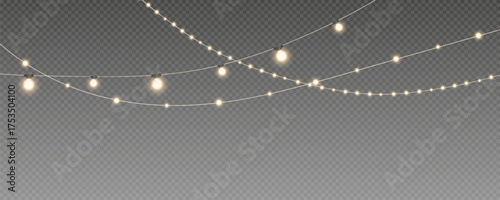 Christmas and New Year glowing garlands of bulbs and lights. Design element for holiday cards, backgrounds, business cards, vector png on transparent background.	
