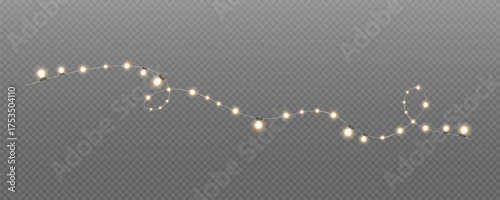 Christmas and New Year glowing garlands of bulbs and lights. Design element for holiday cards, backgrounds, business cards, vector png on transparent background.