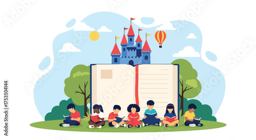 Flat style illustration of two children imagining a magical castle, rainbow, and hot air balloon emerging from an open book, symbolizing creativity, storytelling, and the power of imagination