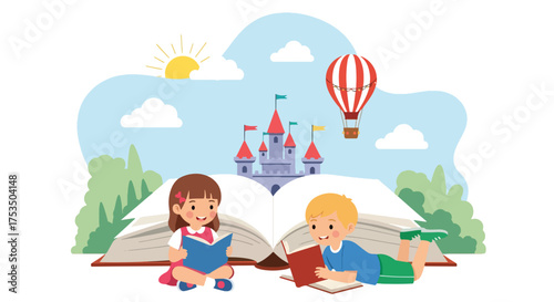 Flat style illustration of two children imagining a magical castle, rainbow, and hot air balloon emerging from an open book, symbolizing creativity, storytelling, and the power of imagination
