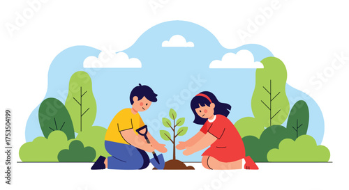 Flat style illustration of two children planting a tree together in a park, symbolizing environmental care, teamwork, sustainability, and the importance of nature and growth education