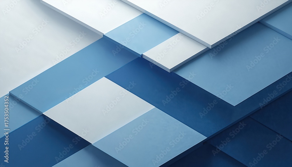 Fototapeta premium Abstract 3D geometric shapes in shades of blue and white. Overlapping planes create depth and shadow. Modern minimalist background with clean lines. Futuristic digital art composition.
