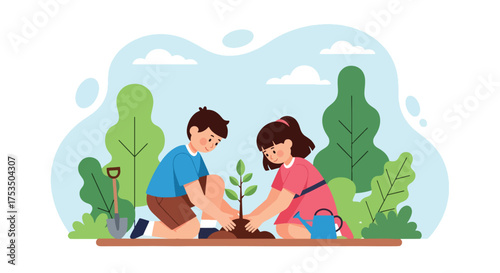 Flat style illustration of two children planting a tree together in a park, symbolizing environmental care, teamwork, sustainability, and the importance of nature and growth education
