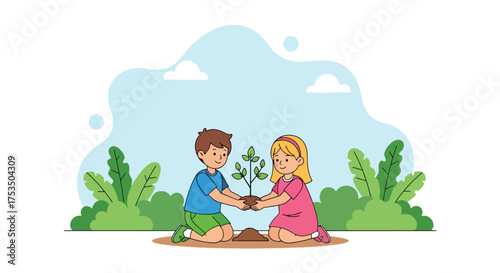 Flat style illustration of two children planting a tree together in a park, symbolizing environmental care, teamwork, sustainability, and the importance of nature and growth education