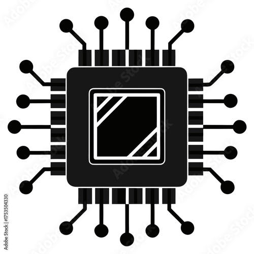 Black and white icon of a central processing unit with radiating pins and a square core