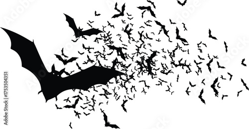Vector art of a large flock of black bats flying in a swarm