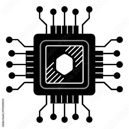 Black and white icon of a central processing unit with radiating connections and a hexagonal core design