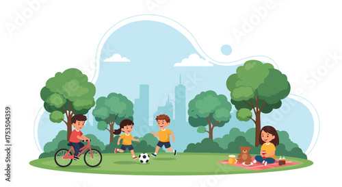 Flat style illustration of children enjoying outdoor activities in a city park, playing soccer, cycling, and having a picnic, symbolizing friendship, health, and active lifestyle