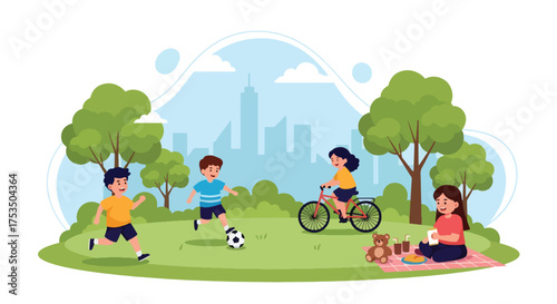 Flat style illustration of children enjoying outdoor activities in a city park, playing soccer, cycling, and having a picnic, symbolizing friendship, health, and active lifestyle
