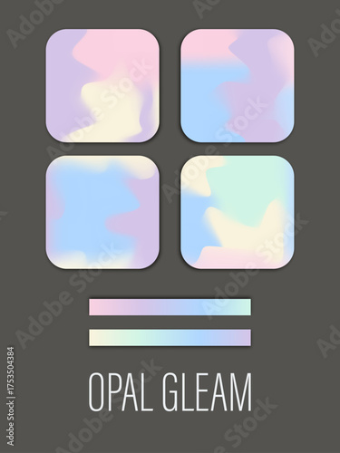 Opal Gleam with Glimmer Pink, Shimmer Yellow, Glow Blue, Lustre Purple and Dewdrop Green. Pre-made abstract gradient palette for multiple purposes