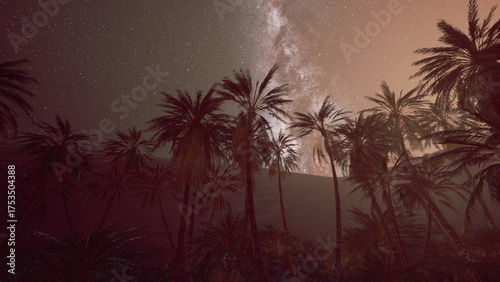 Фотография Amidst a desert landscape, tall palm trees reach for the stars as the Milky Way illuminates the night sky