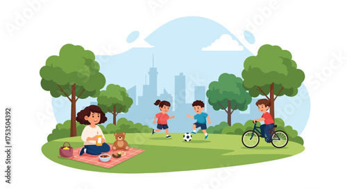 Flat style illustration of children enjoying outdoor activities in a city park, playing soccer, cycling, and having a picnic, symbolizing friendship, health, and active lifestyle