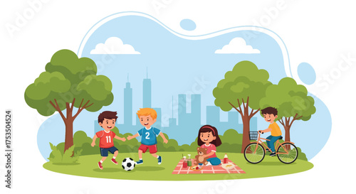 Flat style illustration of children enjoying outdoor activities in a city park, playing soccer, cycling, and having a picnic, symbolizing friendship, health, and active lifestyle