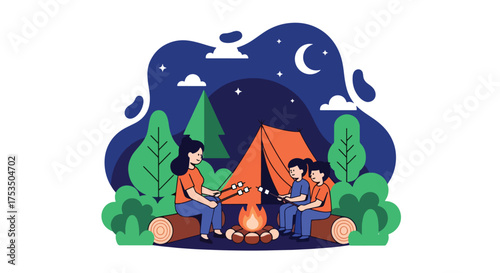 Flat style illustration of a family camping at night, roasting marshmallows by a campfire near a tent under the stars, symbolizing adventure, bonding, and outdoor recreation