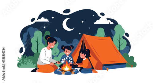 Flat style illustration of a family camping at night, roasting marshmallows by a campfire near a tent under the stars, symbolizing adventure, bonding, and outdoor recreation