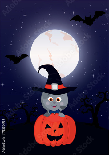 Vector illustration - Halloween greeting card with a little cat wearing a witch's hat and standing over a large pumpkin while a big moon is visible in the sky in the background.